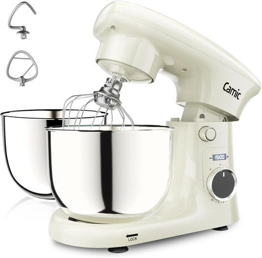 Camic Stand Mixer, 4.2QT+5.3QT Two bowls Electric Food Mixer, 10 Speeds with Digital setting 3-IN-1 Kitchen Mixer for Baking Cakes Cookie Bread Salad with Egg Whisk,Dough Hook,Flat Beater(White)