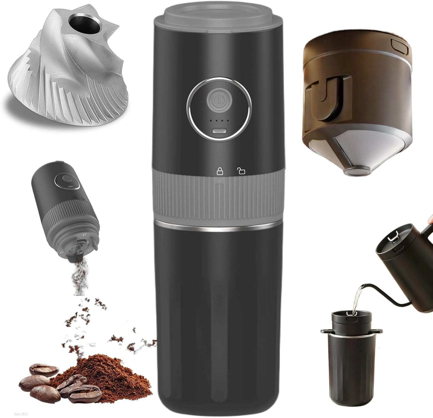 Portable Electric Burr Coffee Grinder and Brewing Combo - Rechargeable with Conical Mill & Insulated Stainless Steel Cup for Camping, Travel, Office and Outdoor Use (black)