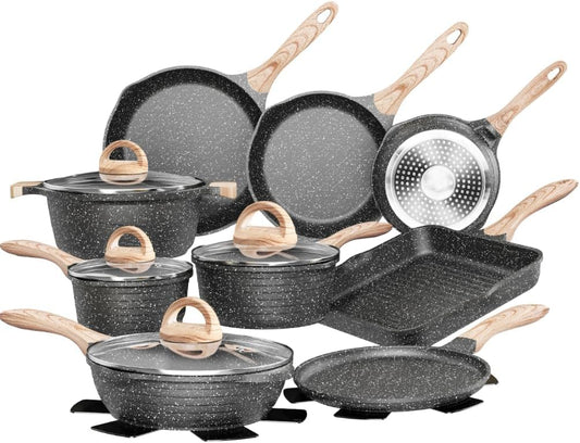 JEETEE Pots and Pans Set Non Stick 23pcs, Healthy Kitchen Cookware Sets, Induction Cooking Set W\/Gray Frying Pans, Saucepans, Sauté & Griddle & Crepe Pan (PFOA, PFAS, PFOS Free)