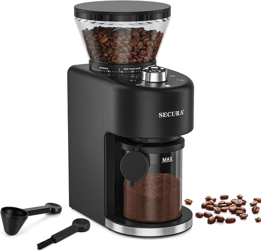 Secura Conical Burr Coffee Grinder, Adjustable Burr Mill with 35 Grind Settings, Electric Coffee Bean Grinder for 2-12 Cups, Black, Large