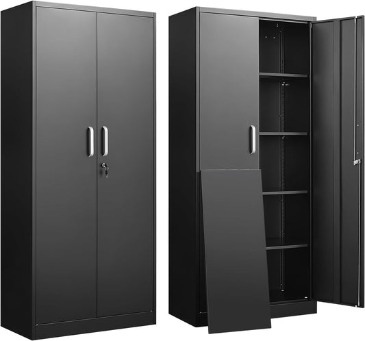 Guizeeopo Metal Storage Cabinet with Adjustable Shelves, Garage Storage Cabinets with Doors and Shelves, File Cabinets for Home Office, Kitchen Pantry Cabinet, 71'H, Black