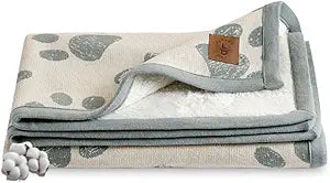 Small Pet Blanket - 100% Organic Cotton, Double Layer Plush Sherpa, Soft Plush, Green Jacquard Paw Knit, 30"x38", Small Dog Blanket, Ideal Cat Blanket - Soft and Warm