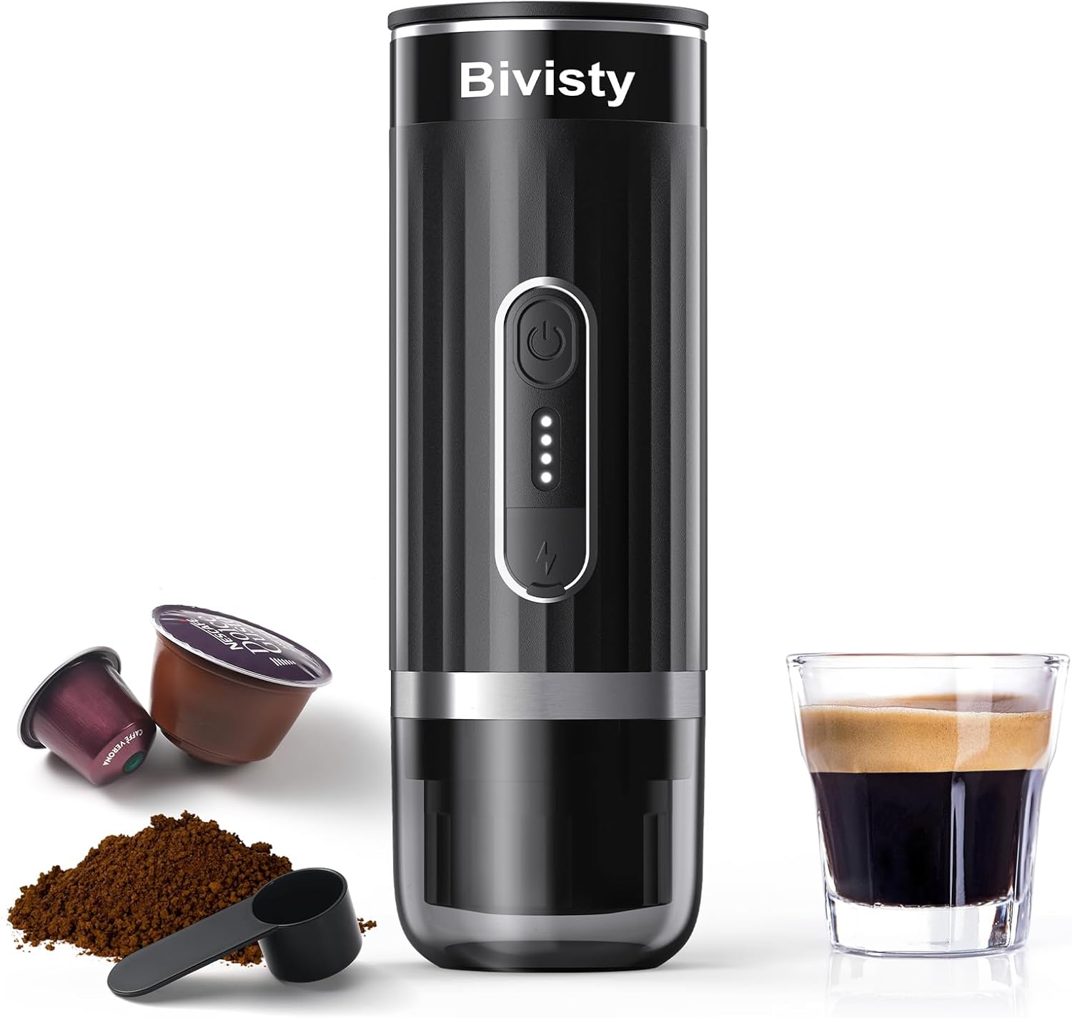 Bivisty Portable Espresso Maker for Travel, Camping Coffee Machine, Electric Self-Heating With USB-C, Ground Coffee Compatible with Nespresso & Dolce Gusto for RV, Outdoor, Office (black)