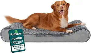 FurHaven Orthopedic Dog Bed for Large Dogs, Luxe Lounger Contour Mattress with Solid Orthopedic Foam Slab for Joint Support, Removable Washable Cover, Jumbo XL, Plush Suede, Gray