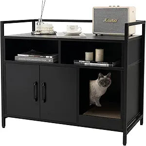 Giantex Cat Litter Box Enclosure - Cat Washroom Hidden Furniture with Front Entry, Scratcher, 2-Door Storage Cabinet, 2 Compartments, Air Vents, Metal Frame, Wooden Pet Crate House (Black)