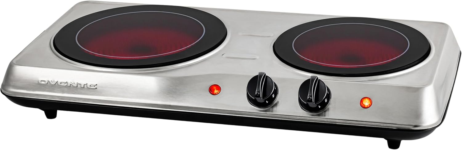 OVENTE Countertop Infrared Double Burner, 1700W Electric Hot Plate and Portable Stove with 7.75" and 6.75" Ceramic Glass Cooktop, 5 Level Temperature Setting and Easy to Clean Base, Silver BGI102S