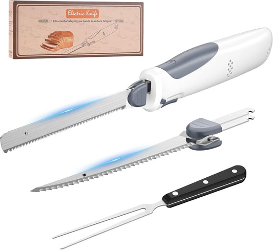 HK Cordless Electric Knife for Meat Slicing, 8V Electric Carving Knife for Fish, Bread, Turkey, Rechargeable Meat Cutter with Reciprocating Stainless Steel Blades, Safety Lock