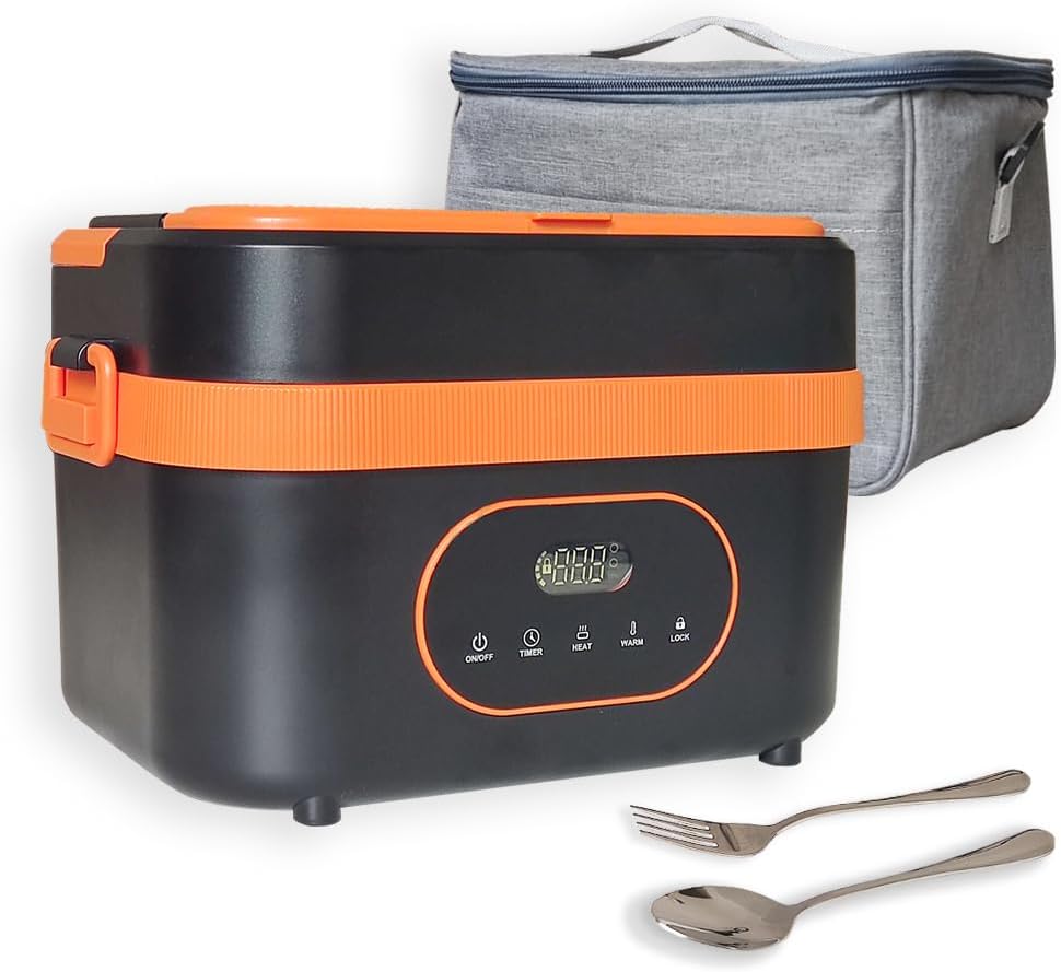 Cordless Electric Lunch Box,18000mAh Rechargeable Timer Function Auto Heated Lunch Box,60W Fast Heating 6.2 Cups Portable Food Warmer for Office, Driving, Travel, Outdoor & Picnic(Orange)