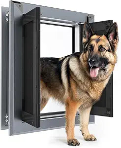 ã€PATAPLUSã€‘ Aluminum French Large Dog Door,Strong Double Magnetic Flaps,with Aluminum Telescoping Tunnel Heavy-Duty Do g Door for L arge and Medium Dog Up to 110LBS (Large,Smoky Gray)