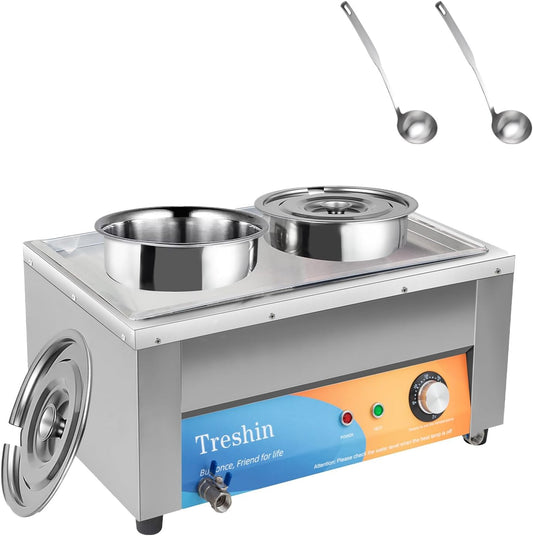 Treshin Commercial Soup Warmer - Dual 10.56QT Stainless Steel Electric Bain Marie Food Warmer - Large Capacity Buffet Warmer with Drain Tap and Precise 65-230°F Temperature Control