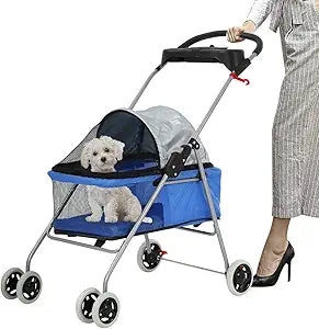 Meet Perfect Pet Stroller for Small Dogs & Cats - Lightweight Pet Travel Roadster - Folding Dog Cart - Easy to Walk Carrier - Blue