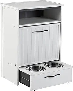 New Age Pet ECOFLEX Brea Dog Food Pantry in Antique White, Two 32 oz Bowls, Moisture Resistant, Easy Assembly, Holds 25 lbs