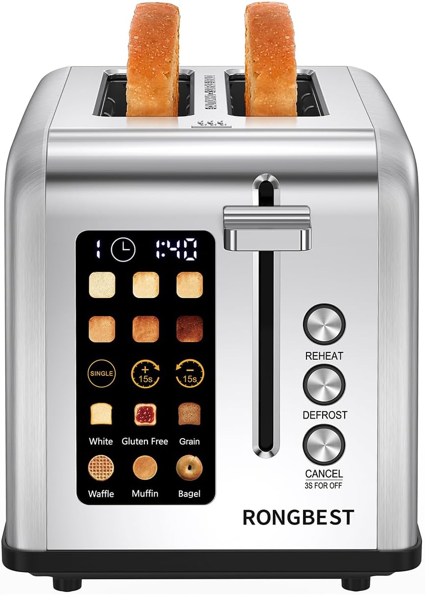 2 Slice Touch Screen Toaster, Stainless Steel Toaster with Wide Slots for Bagels and Bread, Reheat/Defrost/Cancel Functions, Removable Crumb Tray, Silver