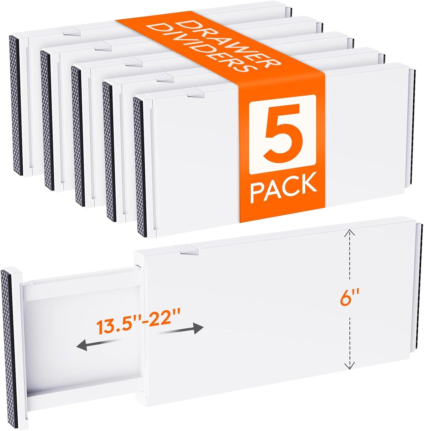 Lifewit 5 Pack Drawer Dividers Plastic 6" High, 13.5-22" Adjustable Drawer Organizers for Clothes, Expandable Dresser Separators in Bedroom\/Bathroom\/Kitchen\/Fridge\/Office Organization and Storage