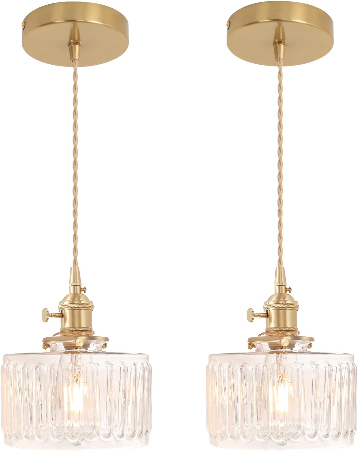Shenmoyl Pendant Light 2 Pack with Clear Striped Glass Lmapshade, Brass Vintage Pendant Light Adjustable Hanging Light for Kitchen Island Dining Room Hallway