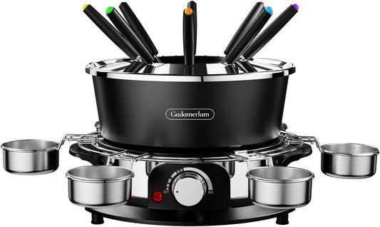 Electric Fondue Pot Set for Chocolate, 1300W Cheese Fondue Set with Multiple Fondue Pots with Adjustable Temperature, 8 Color-Code Fondue Forks, Serve 8 Persons (with 6 plate)