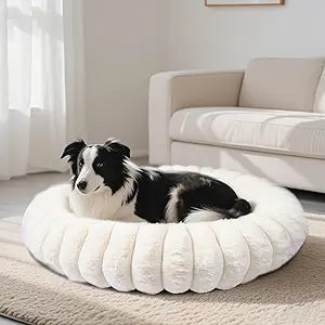 Warming Faux Rabbit Fur Pet Beds â€“ Luxurious Donut Dog & Cat Bed, Anti-Anxiety Calming Cuddler Bed for Small Medim Dogs, Washable Round Puppy Kitten Beds, Non-Slip Bottom(31x31x8, White)