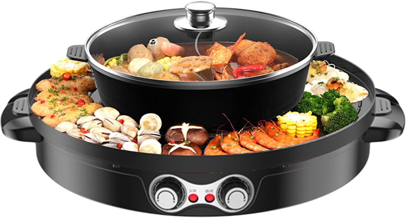 Food Party Hot Pot with Grill 2 in 1 Indoor Non-Stick Electric Pot and Griddle Korean BBQ Grill Indoor Smokeless Hotpot Pot Electric Cooker with Separable Cooking Plate & Independent Dual Temperature