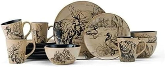 Mossy Oak Animal Print 16 Piece Dinnerware Set, Service for 4, Black and Beige