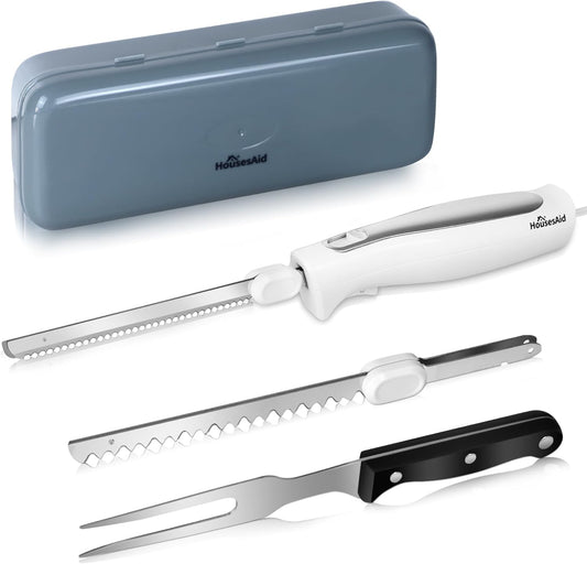 HousesAid Electric Knife,Electric Carving Knife Set with Two Serrated Stainless Steel Blades,Carving Fork,with Non Slip Handle,Safety Lock and Storage Case for Meat,Bread,Other and Foods