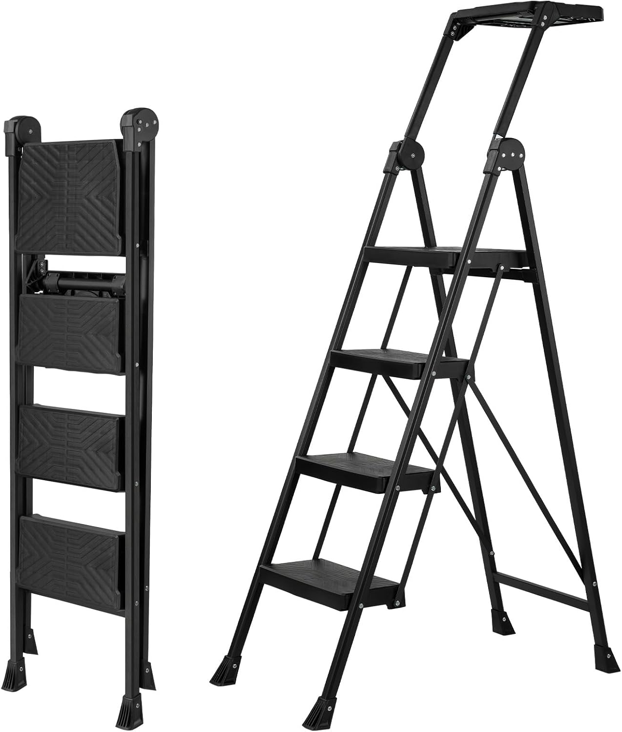 XinSunho 4 Step Ladder, Foldable Handrail & Tool Tray Stool Ladders with Anti-Slip Wide Pedal, 660 lbs Sturdy Steel Ladder for Home Kitchen and Outdoor