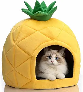 Hollypet Cat Bed Self-Warming Kitty Cave Hut House Nest Pet Sleeping Bed for Indoor Cats, Yellow, Pineapple Cave