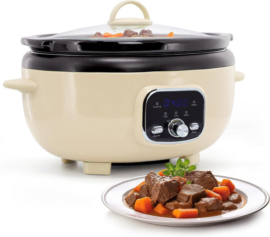 6.9 Quart Electric Slow Cooker, Programmable Digital Crock Pot with Ceramic Cooking Pot, Cream Finish with Glass Lid (Ivory)