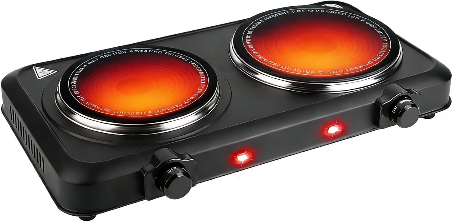 1800W Electric Stove Infrared Burner, Portable Double Burner Electric Cooktop with Stepless Temperature Adjustments, Counter Dual Stove with 7.5\u201D Glass Cooktop for Home RV Camp Cooking