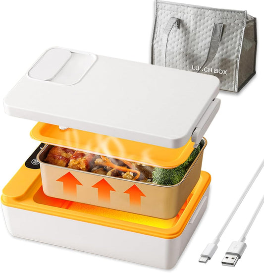 Cordless Electric Lunch Box 1L, Portable Food Warmer for Car/Office/Home Use | No Water Required, Rechargeable Heated Lunch Container with Insulated Bag | Students & Professionals