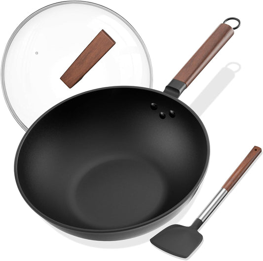Todlabe Carbon Steel Wok - Including Glass Cover and Silicone Spatula, 13-Inch Woks & Stir-Fry Pans for Induction, Electric, Gas Stoves