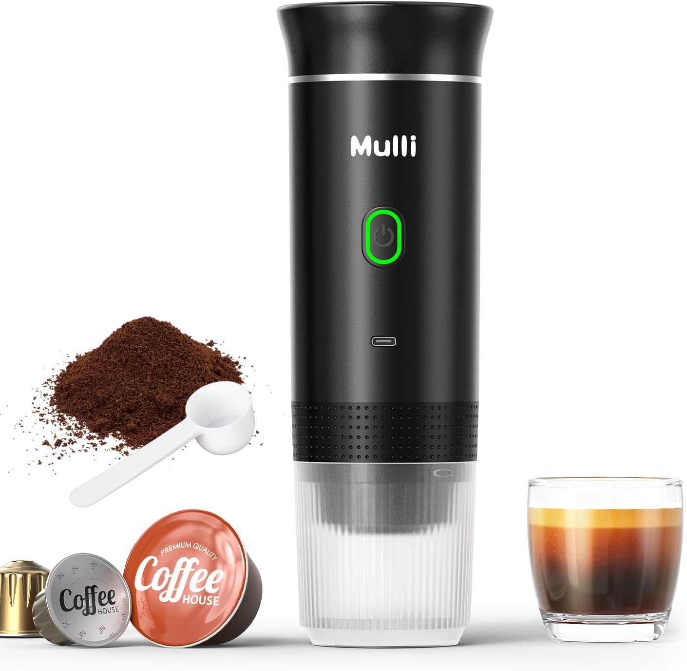 Mulli Cordless Electric Espresso Machine -Portable Coffee Maker for Ground Coffee & NS Capsule with Self-Heating Technology -Perfect for RV, Hiking, Camping, Office & On-the-Go Lifestyles