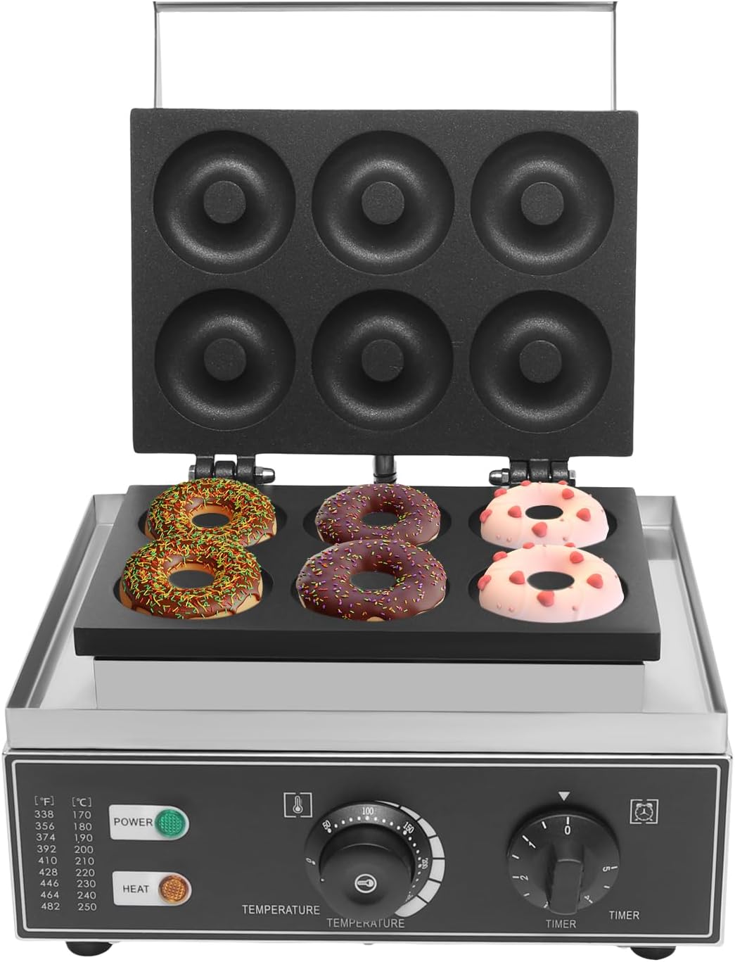 Commercial Waffle Donut Machine, 110V 1550W Electric Donut Maker w\/Non-stick Surface, Temperature 122-572℉, 6 Holes Double-Sided Heating Doughnut Waffle Maker for Home Bakery Mall (6 Donut Holes)