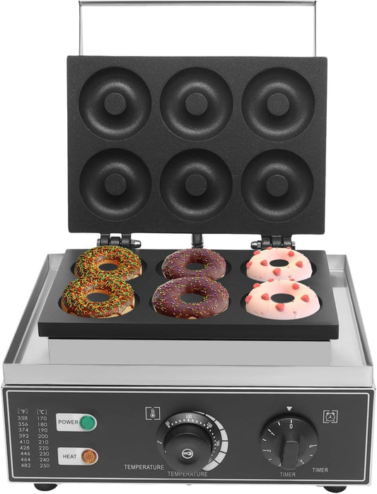 Commercial Waffle Donut Machine, 110V 1550W Electric Donut Maker w\/Non-stick Surface, Temperature 122-572℉, 6 Holes Double-Sided Heating Doughnut Waffle Maker for Home Bakery Mall (6 Donut Holes)