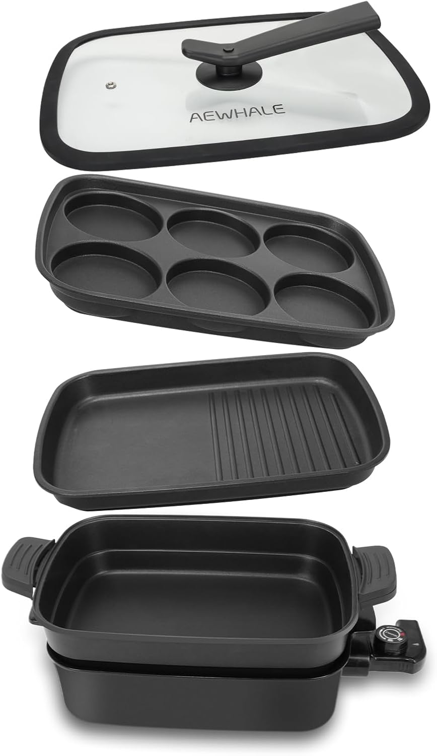 AEWHALE 3-in-1 Multifunctional Electric Grill,Electric Skillet Nonstick with Lids 1400W Party Griddle for Cooking Meats &Pancake