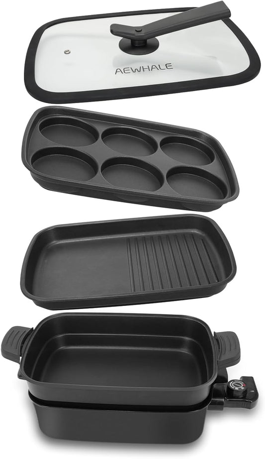 AEWHALE 3-in-1 Multifunctional Electric Grill,Electric Skillet Nonstick with Lids 1400W Party Griddle for Cooking Meats &Pancake