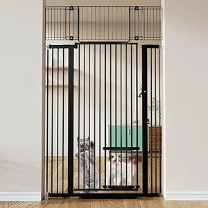 COMOMY 71" Extra Tall Pet Gate for Cats, 29.5-40.6" Extra Wide Cat Gate with Adjustable Cat Door, Pressure Mounted Easy Walk Through Pet Gate with Door for Stairs, Doorways, Kitchen(Black)