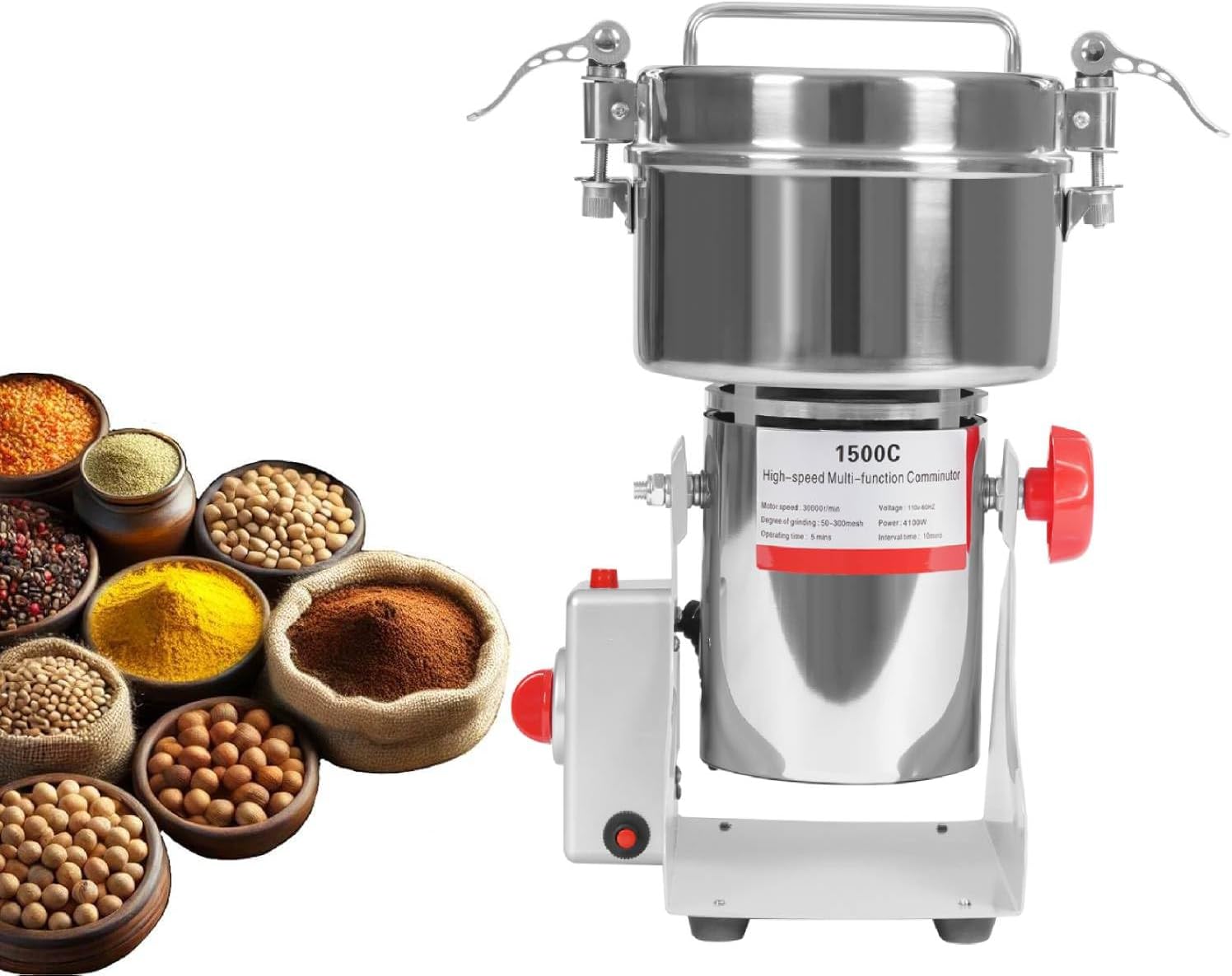 1500g Electric Grain Mill Grinder, 4100W High Speed Commercial Powder Grinders, Stainless Steel Pulverizer Powder Machine for Dried Grains Spices Herbs Coffee Corn Pepper (1500g-B)