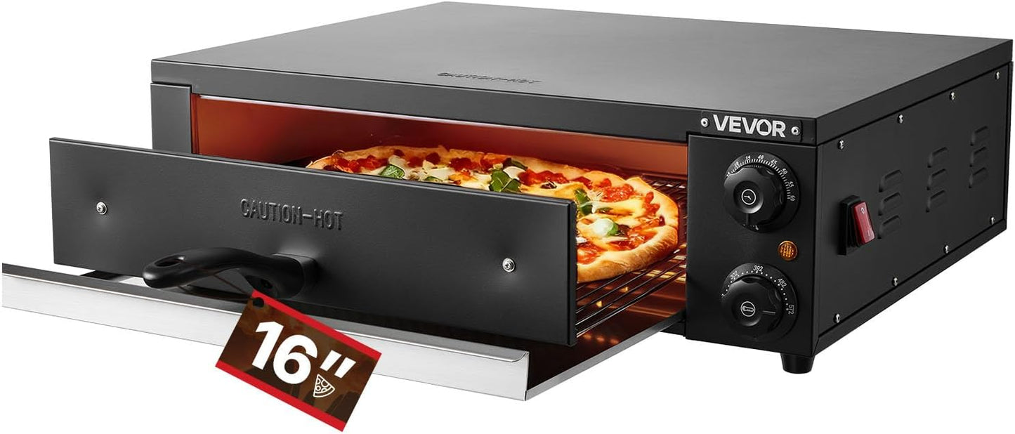 VEVOR Electric Pizza Oven, 16 in Countertop Pizza Oven, 77 to 572°F Temp Range, 1750W Indoor Pizzas Maker w\/Timing & Temp Control, Pizzas Cooker w\/Dual Heat Tube, Grill Rack, for Kitchen & Commercial