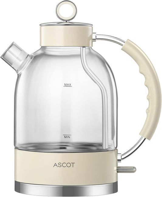 ASCOT Electric Kettle, Glass Electric Tea Kettle Boiler Gifts for Men/Women/Family 1.5L 1500W Borosilicate Glass Tea Heater, with Auto Shut-Off and Boil-Dry Protection (Cream)