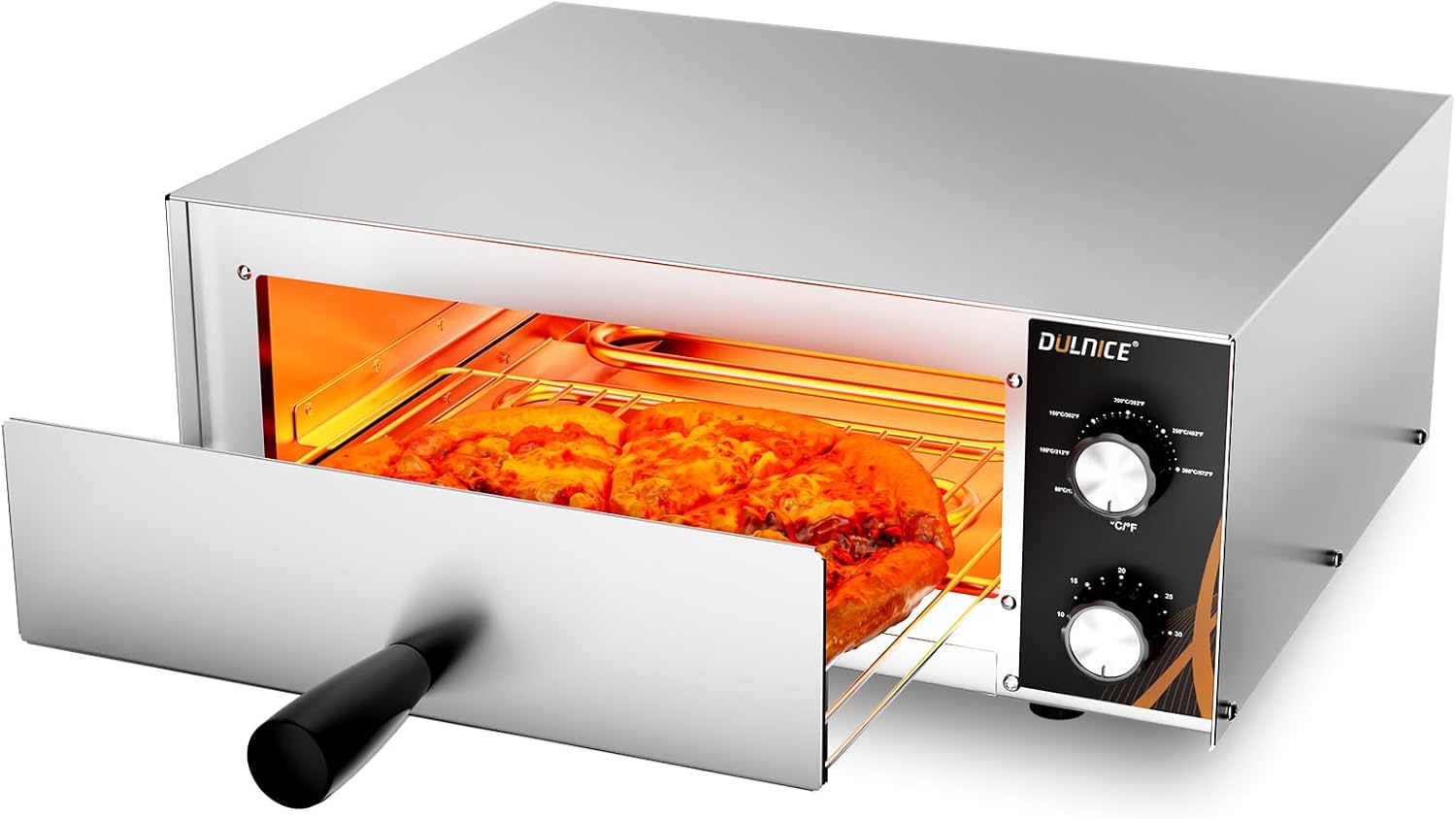 Electric Pizza Oven, 12 inch Countertop Pizza Oven Indoor with 30 Minute Timer, Stainless Steel Pizza Oven with Handle, Crumb Tray, Commercial Pizza Maker for Restaurant, Home Party