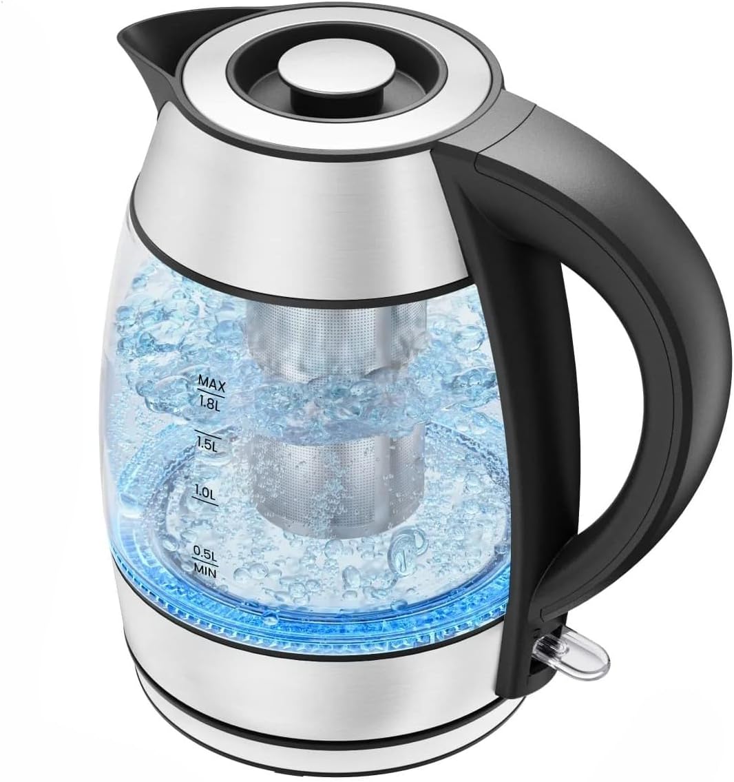 1.8L Electric Glass Kettle with Removable Tea Infuser, LED Indicator Lights, Stainless Steel Base for Fast Boiling