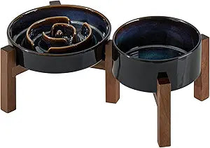 Ceramic 1.2 Cup Raised Slow Feeder Dog Bowl Set, Elevated 6.1inch Bowl and 7.3inch Dish with Acacia Wood Stand for Small and Medium Dog(2 x Starry Sky+ Stand)