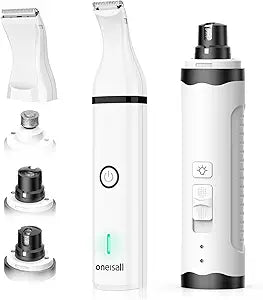 oneisall Dog Nail Grinder and Paw Trimmer Kit 3 in 1 Quiet Rechargeable Electric Pet Nail Grinder with 2 LED Lights and Cordless Dog Grooming Safe Clippers