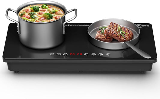 Double Induction Cooktop 1800W, Dual 900W Burners Electric Stove with Cross Mark Glass Surface, Digital Touch Control, 8 Power Levels, Fast Heating & Safety Features for Home Kitchen RV