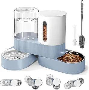 Automatic Gravity Cat Dog Feeder and Water Dispenser with 304 Stainless Steel Bowls 2 in 1 360 Degree Rotatable Auto 2.4L Dry Food and 2.6L Water Bowl for Small Medium Pet Dog Puppy Kitten (Blue)