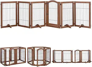 beeNbkks Extra Wide Pet Gate, 6 Panels Freestanding Dog Gate with Walk Through Door and 4 Support Feet, Foldable Pet Barrier Fence for Stairs Doorways Fireplace, Indoor Exercise Playpen for Dogs Cats