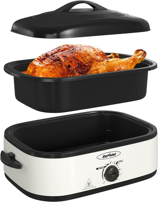 RoyalCraft 14-Quart Electric Roaster Oven with Self-Basting Lid, Turkey Roaster Oven with Removable Pan and Rack, Stainless Steel, White