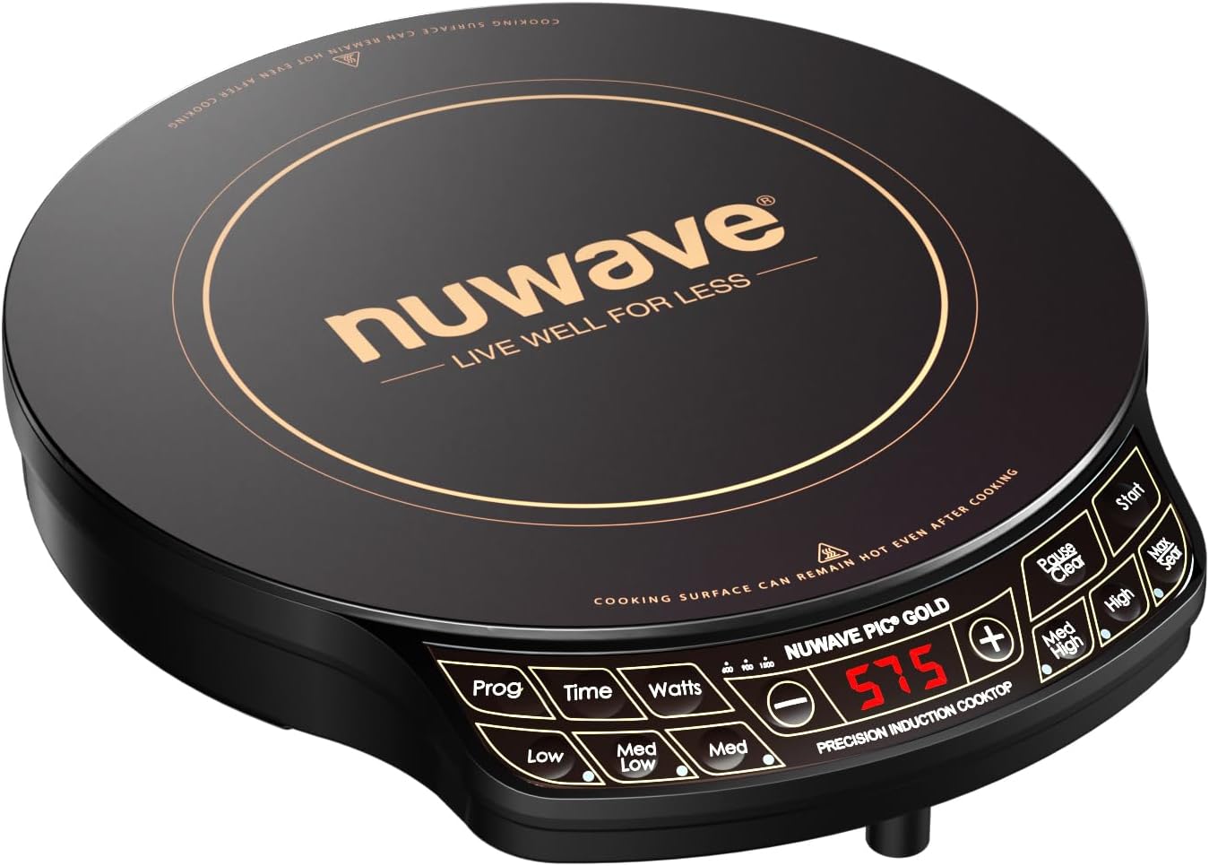Nuwave Precision Induction Cooktop Gold, 12” Shatter-Proof Ceramic Glass Surface, Large 8” Heating Coil, Portable, 51Temp Settings 100°F to 575°F, 3 Wattage Settings 600, 900, and 1500 Watts