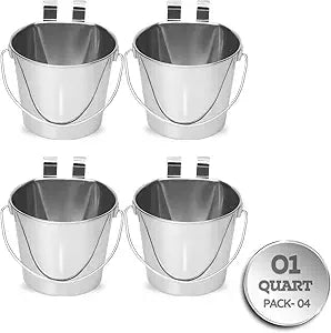 1 Quart Stainless Steel Flat Sided Bucket with Dual Hooks | 4 Pcs Durable Food & Water Bowl for Dog Cat Bird & Small Animals | Fits kennel Cage Crates Farm Hanging Pet Pail | Multipurpose