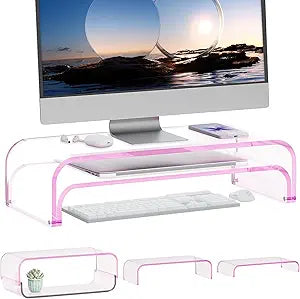 Acrylic Dual Monitor Stand Riser 2 Tier, Modular Laptop Stand for Desk, Multifunctional Desktop Organizer Shelf for PC, iMac, Printer, Detachable Monitor Stand for Office or Home, Pink